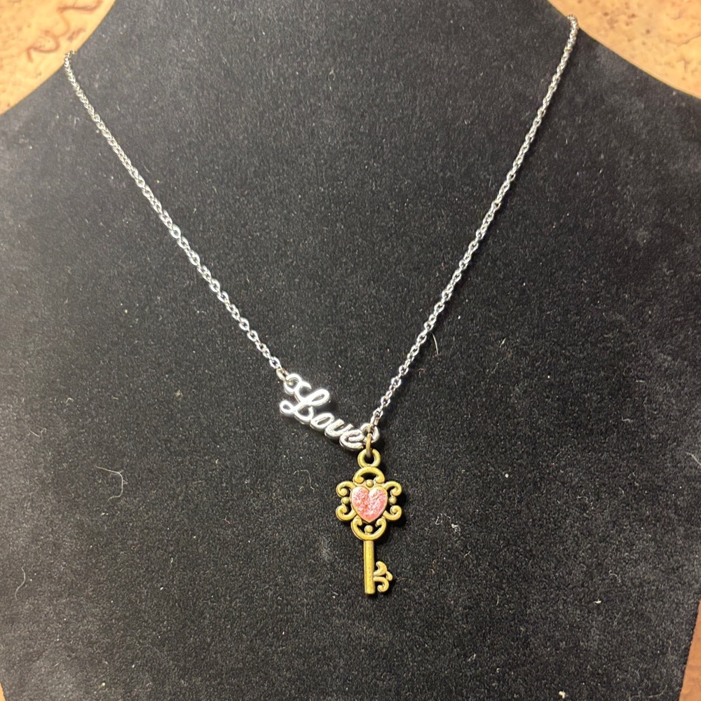 Vintage Bronze and Silver Key Pendant Necklace